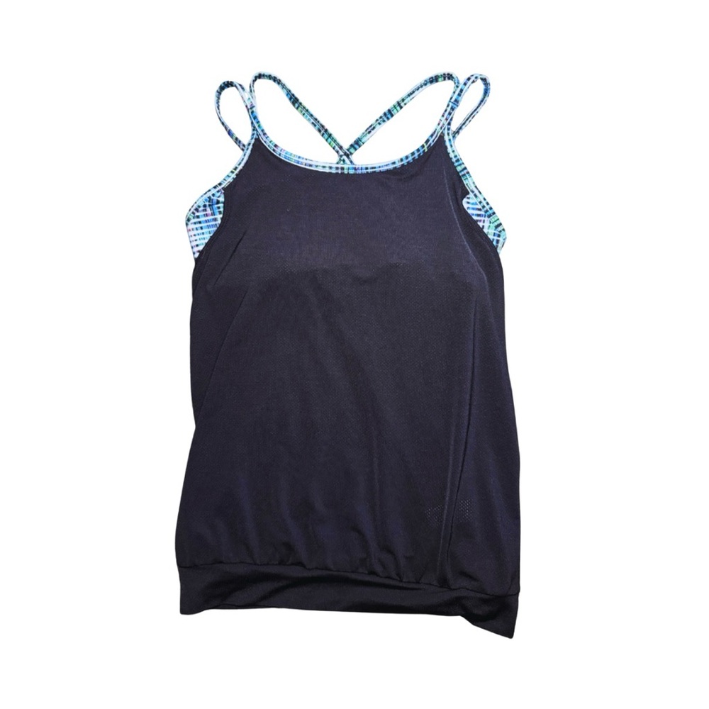 Athleta Girl Black Strappy Tank Top with Attached Blue plaid Bra attached Size L